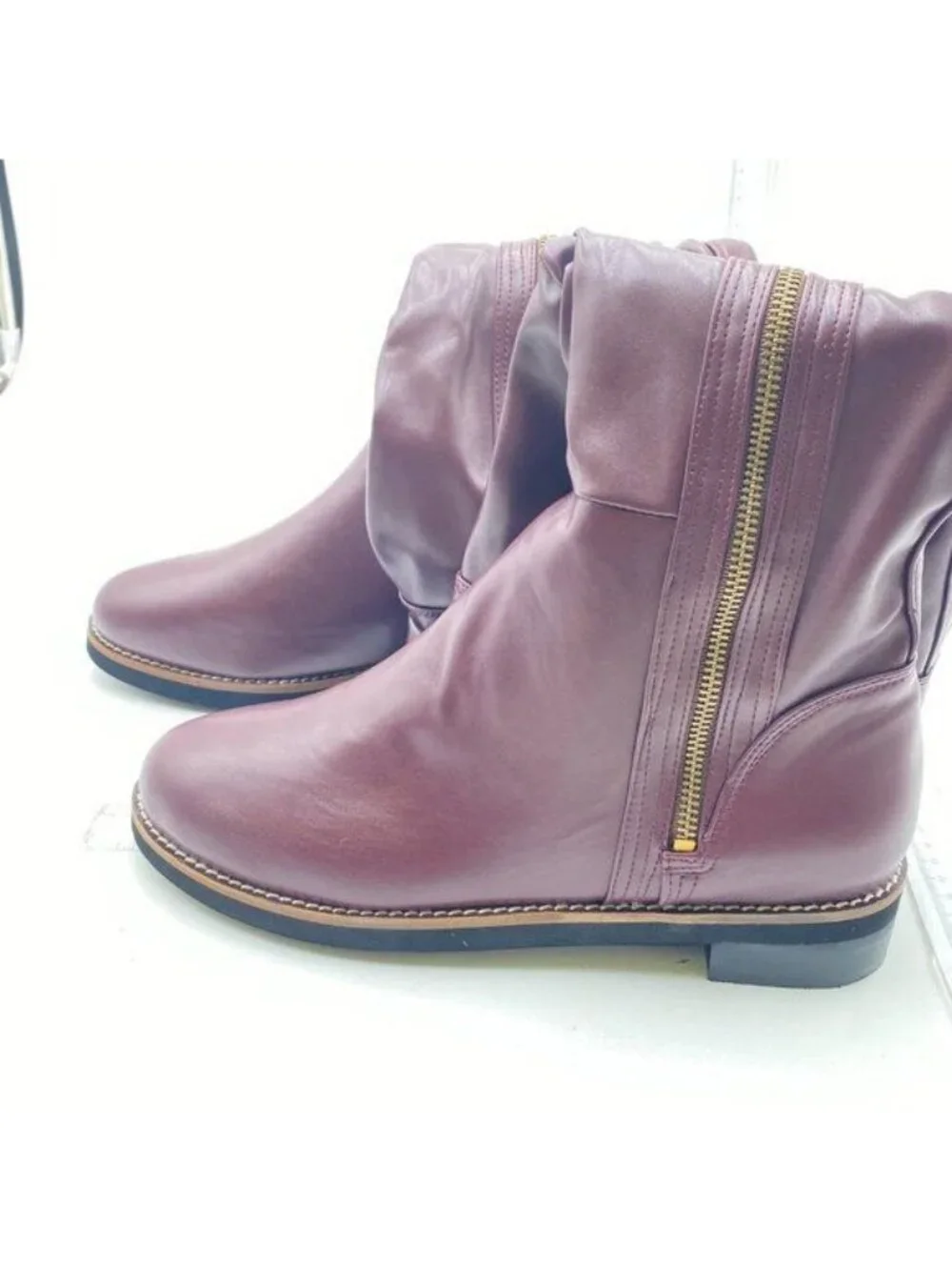 Wine Side Zipper Riding Knee High Long Boots Round Toe Low Chunky Heels Shoes